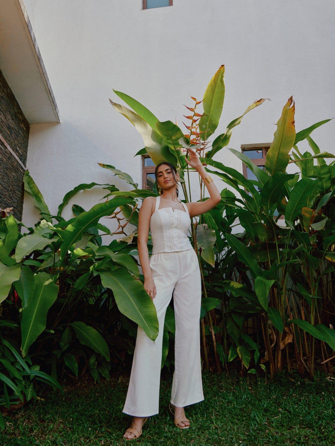 white denim paper bag pants and bustier co-ord set, a product by tara and i